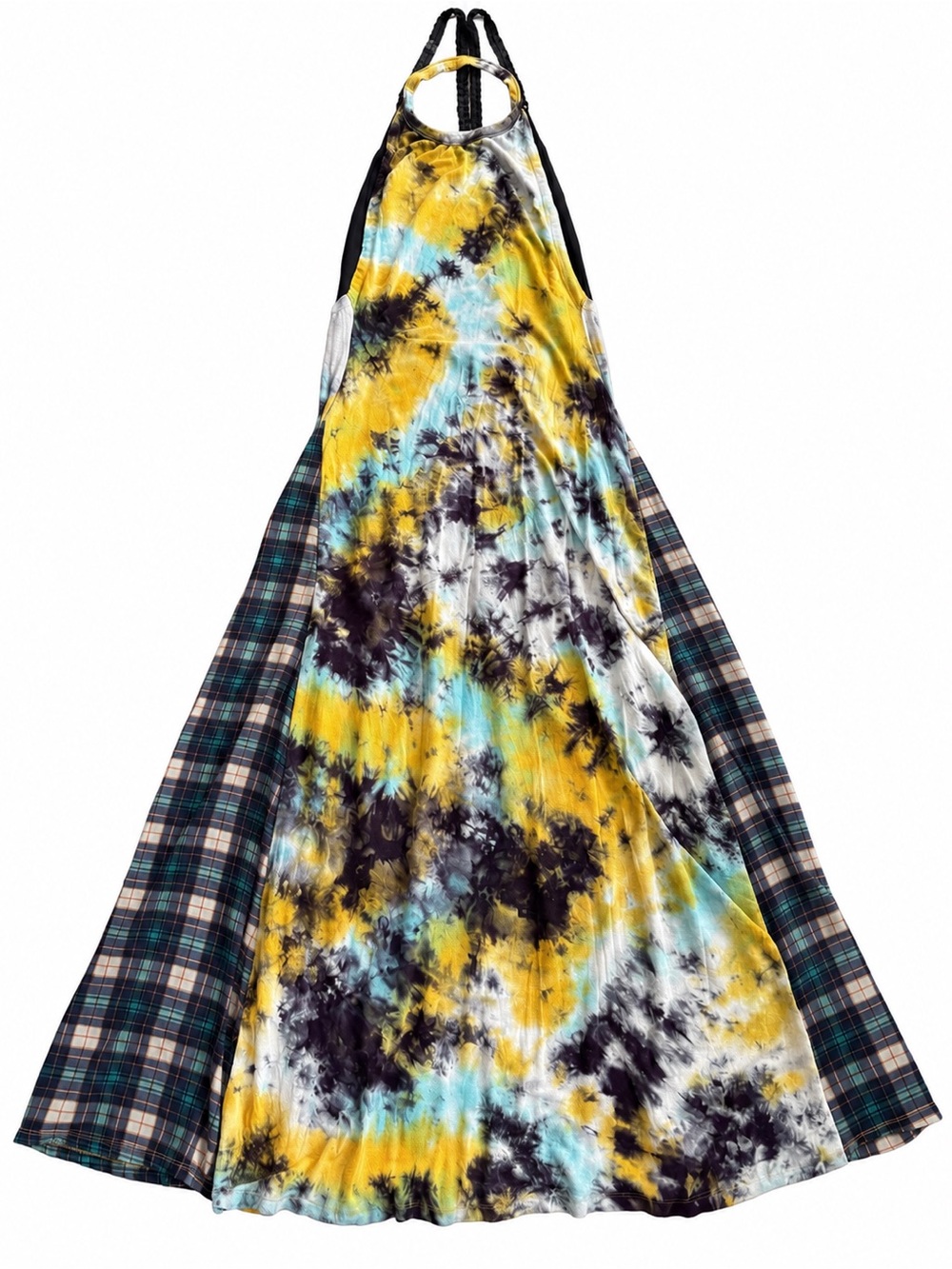 Women’s Size 42 Tie Dye Plaid Maxi Dress Beaded Halter Mixed Print 60”